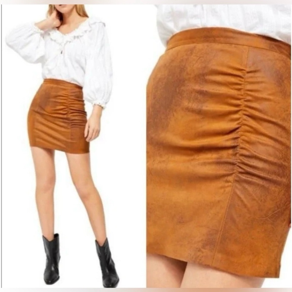 Free People Rumi Ruched Faux Leather Mini Skirt in Camel